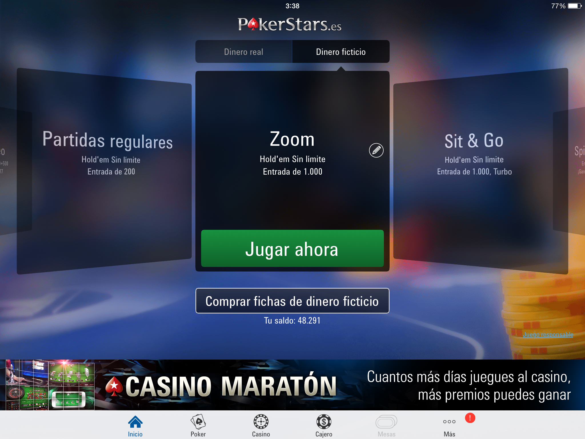 Primera pantalla que vemos al abrir la aplicación de póker online PokerStars.
